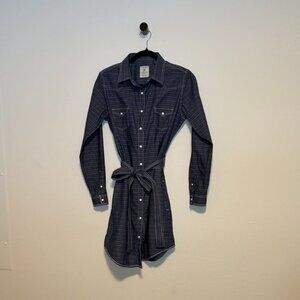 Classic Navy Long-Sleeve Shirt Dress with Waist Tie